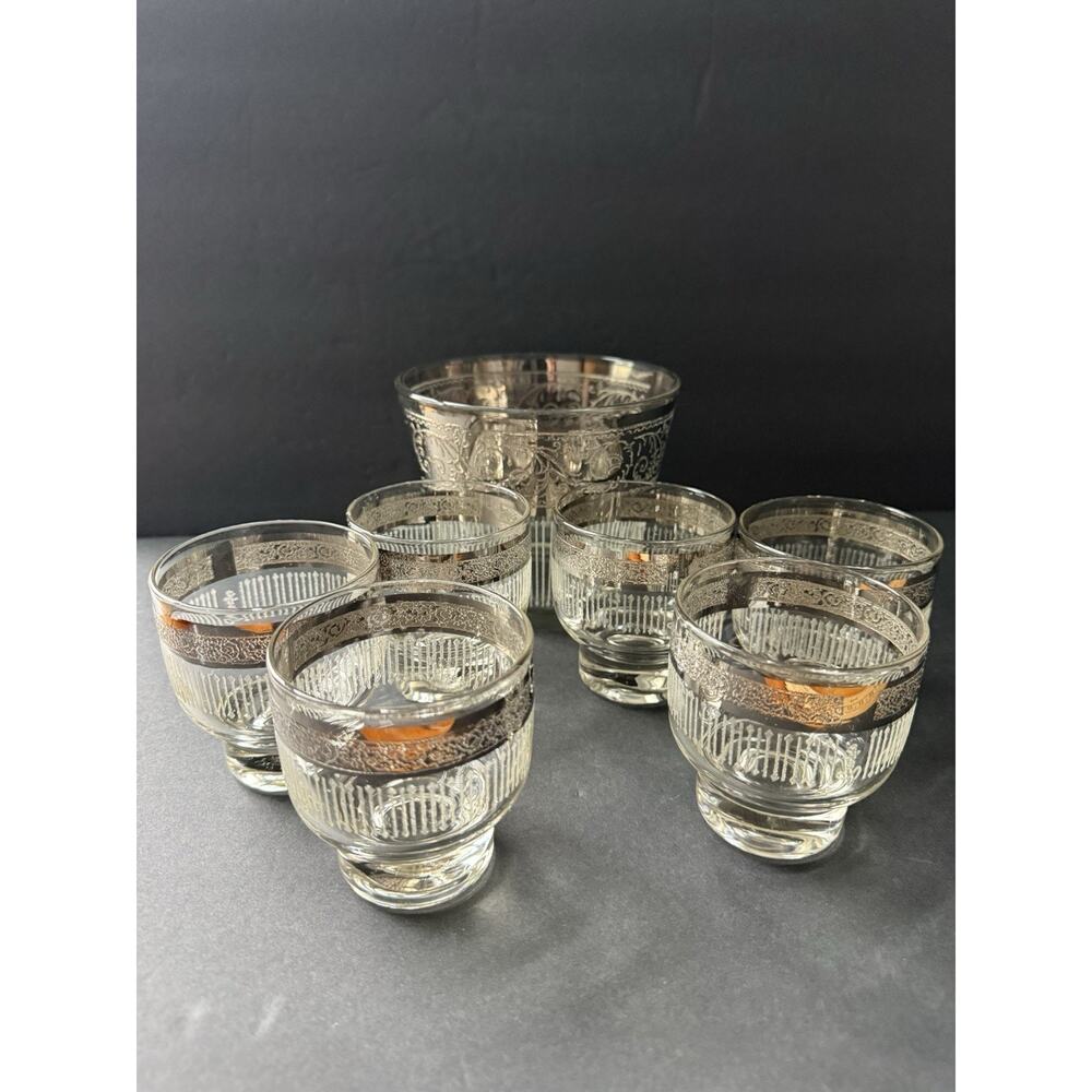 Vintage Starlyte (6) Glasses (1) Ice Bucket Set Clear Silver Rim Band Retro MCM